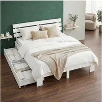 Homestyle4u Holzbett 90x200 140x200 160x200 180x200 mit / ohne Matratze Bettkasten (Set, mit Lattenrost und 2 Bettkästen, Stauraumbett), 140x200, Kiefer, mit Stauraum, Weiß, schlicht