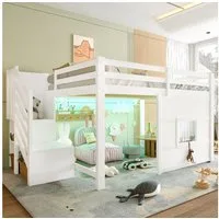 Merax Hochbett mit LED-Beleuchtung (Kieferholz Hausbett Spielbett, 1-St) Kinderbett 140x200cm mit Treppe Fenster Stauraum Sicherheitsgeländer