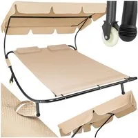 tectake Gartenliege Sonnenliege, widerstandsfähig und UV-beständig, 215 x 183 x 150 cm, Balkonliege Livorno für 2 Personen, 1 St., für Außen in Schwarz/Beige, stufenlos verstellbares Sonnendach, 2 Transportrollen, 2 Kopfpolster