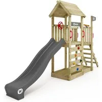 Wickey Spielturm JoyFlyer – Garten-Klettergerüst mit Wellenrutsche & Sandkasten, 10-Jahre Garantie*, Kletterwand mit Klettersteinen