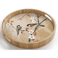 OnlyWow Tablett Rund mit Henkel Vögel - Blütenzweig - Orange, Eichenholz, (1-tlg), Siervierplatte, Tray, Frühstücksbrett