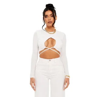 Missy Empire - Kurzes Top für Damen, Überkreuz-Front, Gerafft (Elfenbein)