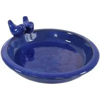 colourliving Vogeltränke für den Garten "Noble" mit 2 Deko-Vögel, 30 cm blau Keramik, handbemalt, jede ein Unikat, leicht zu reinigen