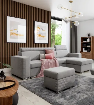 Ecksofa Schlafsofa inkl. Hocker CANTON Stoff Camelia Hellgrau Ottomane Rechts
