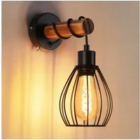 ZMH Wandleuchte Retro Wandleuchte Holz Innen Wandlampe Vintage mit Schalter E27, LED wechselbar, Schwarz Metall Wandspot Rustikal für Schlafzimmer