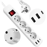 LA CUTE Mehrfachsteckdose mit USB-C, 4 Steckplätzen & Schalter, 3500W Mehrfachsteckdose 7-fach (4 Steckplätze, 2 USB-Anschlüsse, 1 USB-C-Anschluss, Netzschalter, Überlastschutz, Kurzschlussschutz, Kindersicherung, Kabellänge 1.8 m), Mehrfachsteckdose