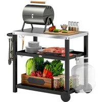 Outsunny Servierwagen 3-Etagen, mit Arbeitsfläche Ablagen Haken Räder, (BBQ Grilltisch, 1 St., Grillwagen aus Edelstahl), für Garten, Grill, 102 x 50 x 81cm, Kohlegrau