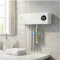 shop'n smile ideoon UV-Zahnbürstenhalter UV Zahnbürstenhalter Sterilisator mit Akku LCD-Display & Trocknung, 1-tlg., 1er-Set & 2er-Set, 2 UV-LEDs/4 Steckplätze/feuchtigkeitsbeständig/Ladezeit ca. 3–4 St.