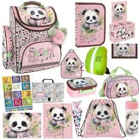 GOLDKIDS Schulranzen für Jungen und Mädchen, 15er-Set - (Schul-Rucksack für Kinder mit Federmäppchen -, 1-tlg., Schuhbeutel Trinkflasche und Brotdose), - Panda Motiv - 1-3 Klasse