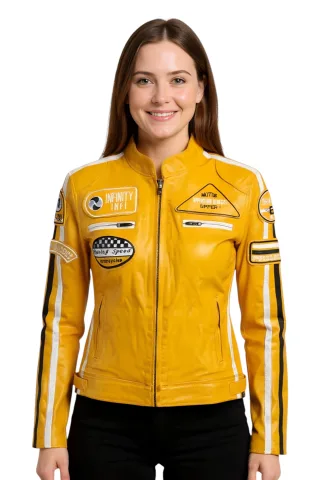Gelbe Damen-Lederjacke mit Rennabzeichen für Biker – Dalby