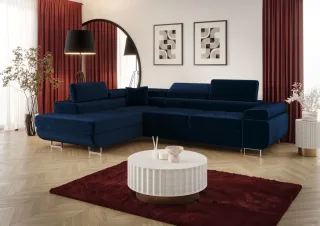 Ecksofa Schlafsofa Sofa MONARO Stoff Monolith Dunkelblau Ottomane Links
