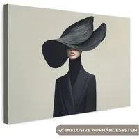 OneMillionCanvasses® Leinwandbild Schwarz - Frau - Hut, Fotodruck (1 St), Leinwand Bilder Klein, Wand Dekoration Aesthetic 30x20 cm