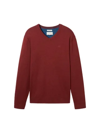 Tom Tailor - Strickpullover mit V-Ausschnitt burgundy dark red melange - Gr. - S