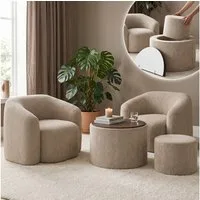 skølm Relaxsessel Gjöll aus Teddy-Bouclé mit Armlehnen (beige, Set aus 2 Sesseln, Tisch mit Holzplatte & Hocker), vakuumverpackt, gepolstert, Couchtisch mit Stauraum, ohne Aufbau