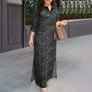 ZANZEA Women Vintage 3/4 Sleeve Lapel Split Dresses Floral Print Long Casual Shirtdress