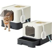 FEANDREA Katzentoilette mit Deckel, mit Tablett, Schaufel und Bürste, Auslaufsicherer Boden, für Katzen bis 15 kg, 1er/2er Set