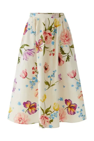Oui - Midi-Rock mit floralem Allover-Print in A-Linie beige - Gr. - 34