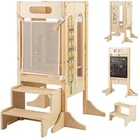 COSTWAY Tritthocker, 4 in 1 Lernturm klappbar mit 2-Stufen Hocker, Tafel