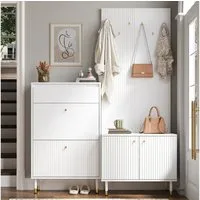 Merax Garderoben-Set mit 6 Haken, Schuhschrank mit Klappfächern und Schublade, (1-St), zweitüriger Aufbewahrungsschrank Garderobenwand Flurmöbel