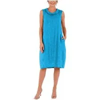 dy_mode Midikleid Damen Leinenkleid Luftiges Midi Sommerkleid Ballonkleid Strandkleid in Unifarbe, Wasserfallkragen, mit seitlichen Eingriffstaschen