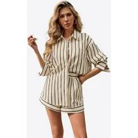 Imily Bela Hausanzug Damen 2-teiliges Sommer Set Für Urlaub & Freizeit (Set, 2 tlg., Bluse + Shorts) Brusttasche