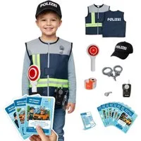alldoro Spielzeug-Schutzweste Polizei Rollenspiel & Lernset, Polizei-Kostüm für Kinder 3-6 Jahre, 9 Teile, Verkleidung mit Weste, Cap, Zubehör & 8 Lernkarten