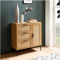 FINEBUY Kommode FB104164 in Eiche Dekor 80 cm Sideboard mit 3 Schubladen & 1 Tür (80 cm Anrichte, Eiche Rattan Stauraum Schublade), Kommode Tür Modern, Hoher Kommodenschrank