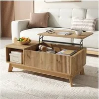 REDOM Couchtisch 95x50x48 cm mit Hubfunktion in Natur (Packung, 1-St., Offenes Seitenfach für zusätzlichen Stauraum, Wellenoptik), Offenes Seitenfach für zusätzlichen Stauraum, MDF-Material