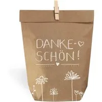 Eine der Guten Verlag Geschenkpapier Geschenktüten Set - Dankeschön, (24St), 24 bedruckte Kraftpapiertüten 14x22 cm & Holzklämmerchen, beige weiß