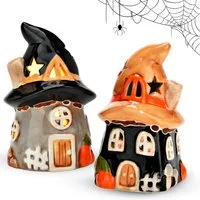 matches21 HOME & HOBBY Dekofigur LED Hexenhäuser Set aus Keramik, Halloween Deko 10 cm (2 St), Warmweißes Licht für stimmungsvolle Deko