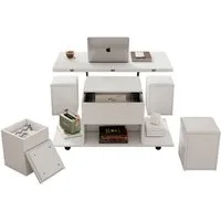 Merax Couchtisch Anhebbarer Wohnzimmertisch mit faltbarer Tischplatte (5-St), Beistelltisch mit Lift-Top-Mechanismus und 4 Aufbewahrungshockern