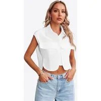 Imily Bela Blusenshirt Damen Ärmellose Cropped mit Brusttaschen und Kragen Casual (Packung, 1-tlg., 1per-Pack) aus Baumwolle in Unifarbe