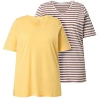 Ulla Popken T-Shirt T-Shirts 2er-Pack Ringel/uni V-Ausschnitt Halbarm