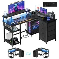 HOMALL Schreibtisch Eck-Schreibtisch, Gaming-Tisch mit Stauraum und Steckdosen (Ausgestattet mit 2 Steckdosen, 2 USB-Anschlüssen, 4 Schubladen, einer höhenverstellbaren Monitorhalterung, einer LED-Lichtleiste, 2 Einlegeböden sowie einer Halterung für
