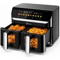 BUVARO Heißluftfritteuse 2 Kammern, 11L, mit 10 voreingestellte Programme, Umluft Backofen, Sichtfenster, 2950 W, 11L, Transparente Sichtfenster, Sync Finish, Digitales Touch Display