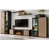 Furn.Design Wohnwand Morgan, (in schwarz matt mit Eiche Lamellen, 4-St., integrierter Kamin), Push-to-Open Funktion, inkl. Beleuchtung
