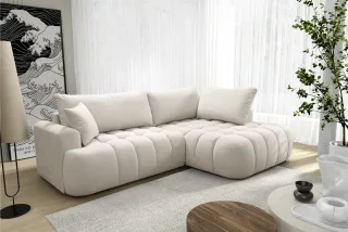 Ecksofa mit Schlaffunktion NANTES Sofa in Stoff Soft Beige Ottomane Rechts