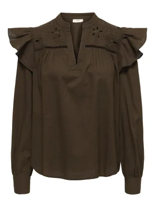 JDY - JDYALBA L/S V-NECK EMB TOP WVN EXP Chocolate Brown - Gr. - M