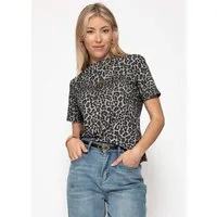 SASSYCLASSY T-Shirt T-Shirt mit Leo-Print für Damen Trendiges Baumwollshirt mit Rundhalsausschnitt Braun Grau