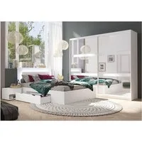 Lomadox Schlafzimmer-Set FAIDO-166, (Spar-Set, 4-tlg., Kommode Nachttische Bett Schwebetürenschrank), weiß, Kopfteil mit LED-Beleuchtung, Liegefläche 180x200cm