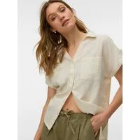 Vero Moda Kurzarmbluse VMTHILDE SS SHIRT WVN NOOS Baumwolle, Kurzarm mit Riegel, hinten etwas länger als vorn