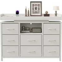 FUROKOY TV-Schrank Kommode mit 8 Schubladen aus Stoff (Fernsehschrank Sideboard Metallgestell, Industrie-Design) für Schlafzimmer Wohnzimmer Flur, 108 x 30 x 82cm