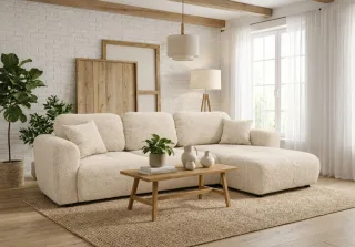Ecksofa mit Schlaffunktion BRUSK MAX in Stoff Pop Creme Ottomane Rechts