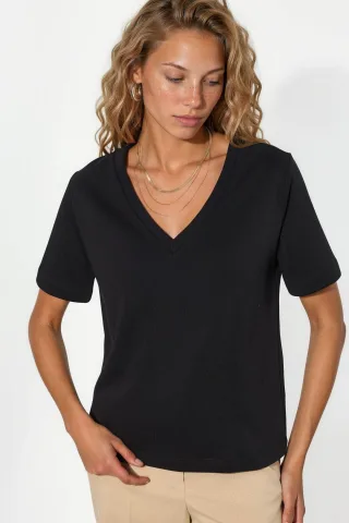 V-Ausschnitt Unifarben Regulär Fit Baumwoll-T-Shirt