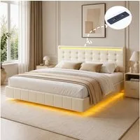 Simurq Polsterbett Dopplebett Bettgestell mit LED-Beleuchtung (1-tlg., LED mit 16 Farben und Fernbedienung,Versteckte Füße), Schwebendes Bett mit Verstellbares Kopfteil,Lattenrost, Leinenoptik
