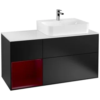 Villeroy und Boch Finion Waschtischunterschrank F141HBPD 120cm, Abdeckplatte glass white Matt, Regal links Peony, Black matt lacquer