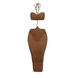 Honeyz - Bodycon Kleid für Damen, Neckholder, Netzmaterial (Braun)