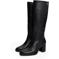 Tommy Hilfiger STACKED HEEL LEATHER LONG BOOT Stiefel, Blockabsatz, Langschaftstiefel mit goldfarbenem Logo-Schmuckelement