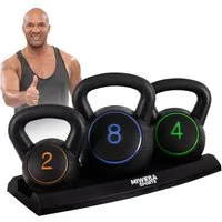 Miweba Sports Kettlebell Premium Kettlebell Set inkl. Ablage, 2/4/8 Kg, (Schwunghantel - Hantelset Indoor & Outdoor - Krafttraining Workout Kugelgewicht Übungsseil, Total 14Kg, 2/4/8Kg), Fitness Seil Kurzhantel Hanteln Gewichte Kugelhantel Beton
