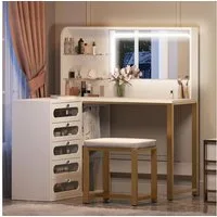 Gdood Schminktisch Ablagetisch LED Eckschreibtisch Frisiertisch Set (1-St., 120x80x135 cm), Mit Hocker, LED-Beleuchtung Spiegel, 5 Schubladen, Lagerregal